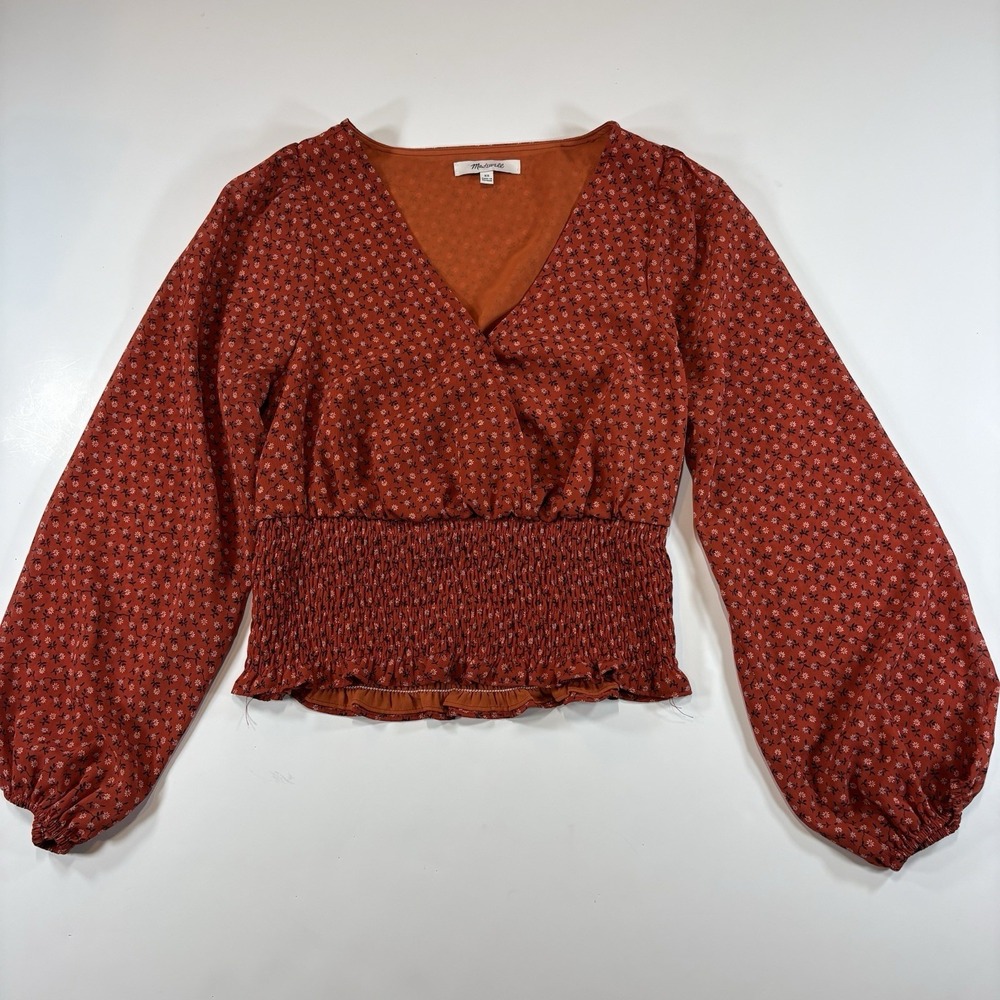 Madewell Julianne Smocked-Waist Top Size XS Orange Whimsical Romantic‎ Boho Chic